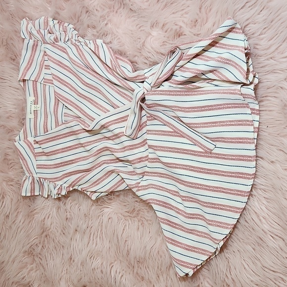 2for$10 Pink blouse with blue white stripes Size Large Feminine boho Sexy - Picture 3 of 6